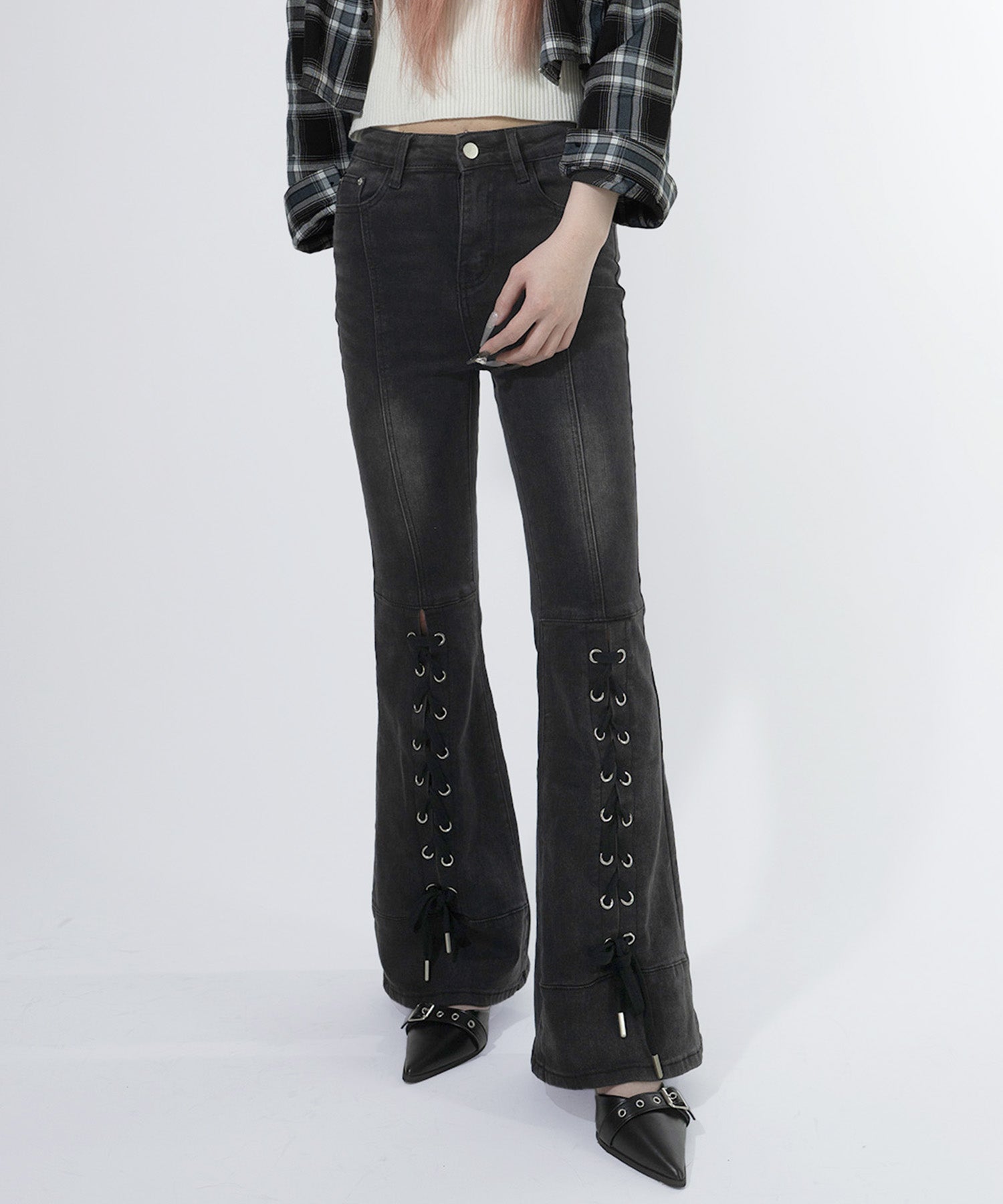 レースアップストレッチフレアパンツ