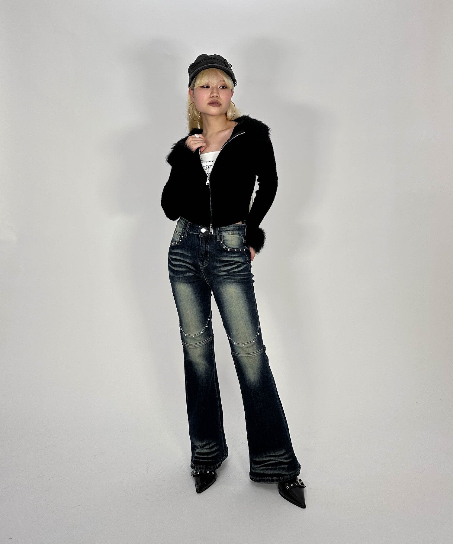 ファー付きダブルジップニット