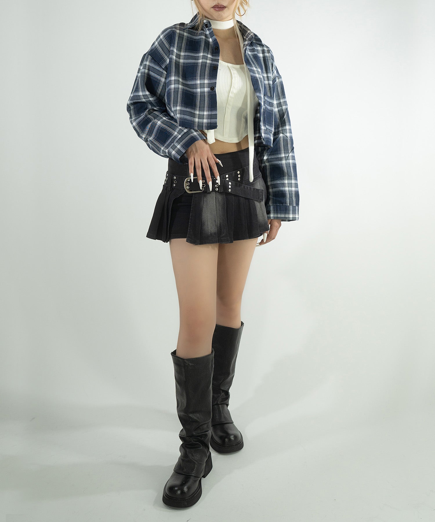 ベルト付きデニムプリーツスカート