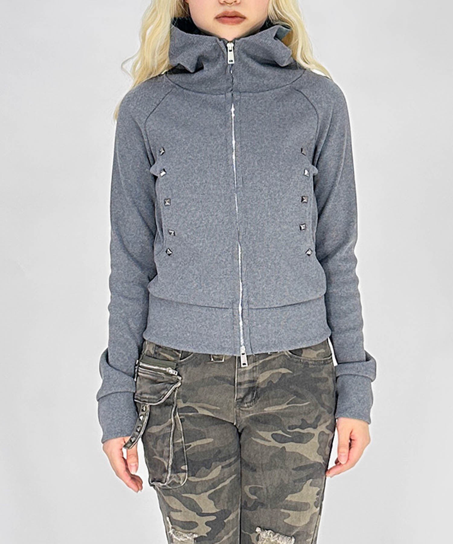 スタッズリブフードパーカー