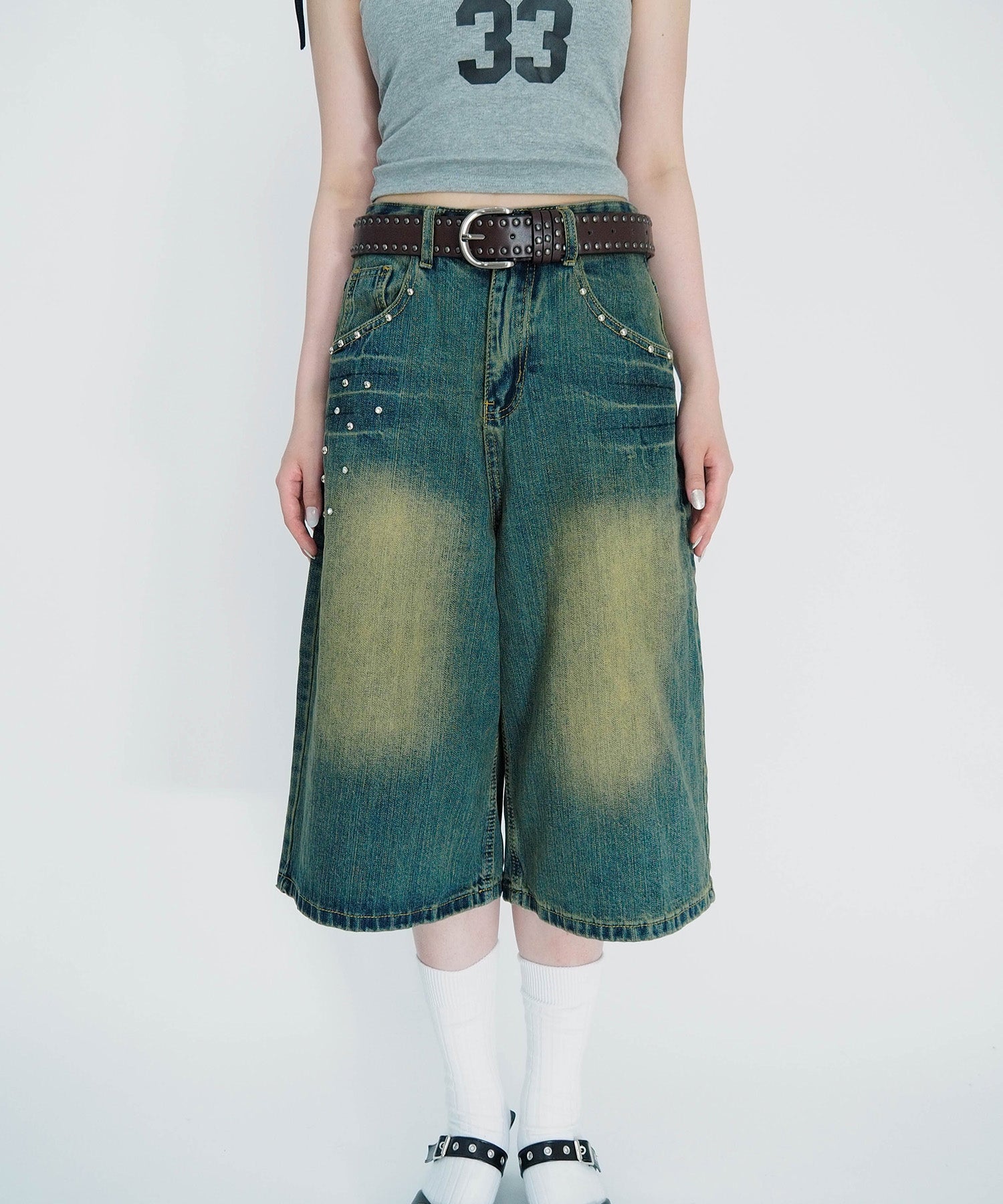 スタッズバミューダデニムパンツ