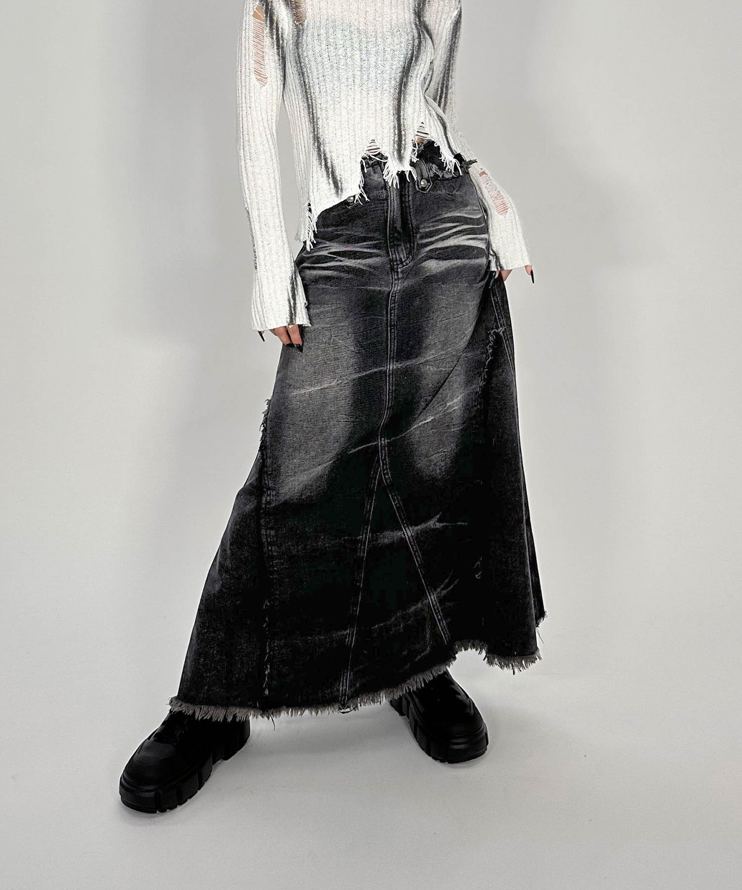 フリンジデニムロングスカート