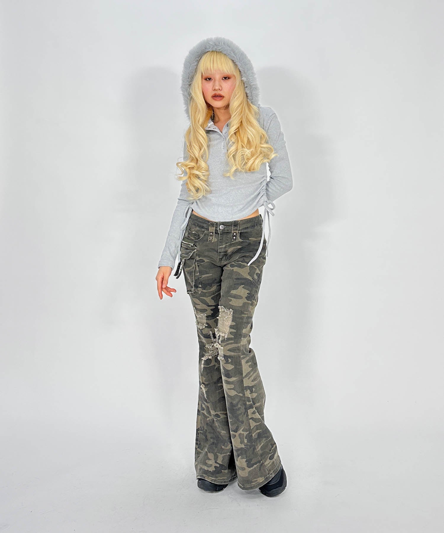 ファー付きフードピチスウェットトップス