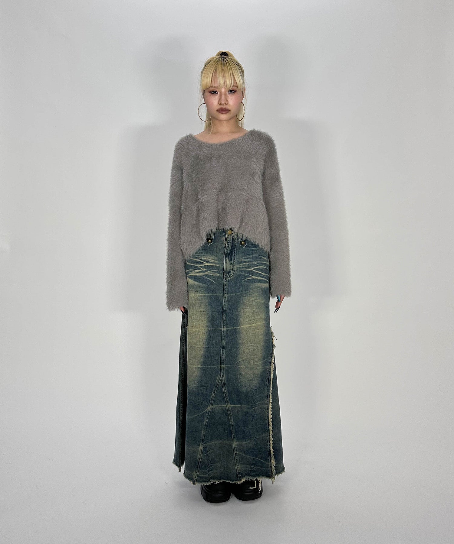 フリンジデニムロングスカート