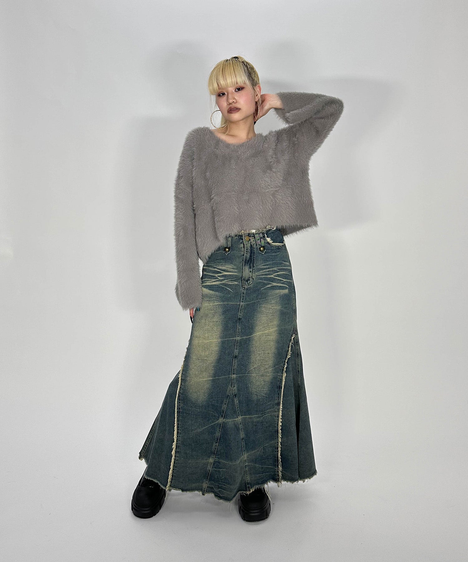 フリンジデニムロングスカート