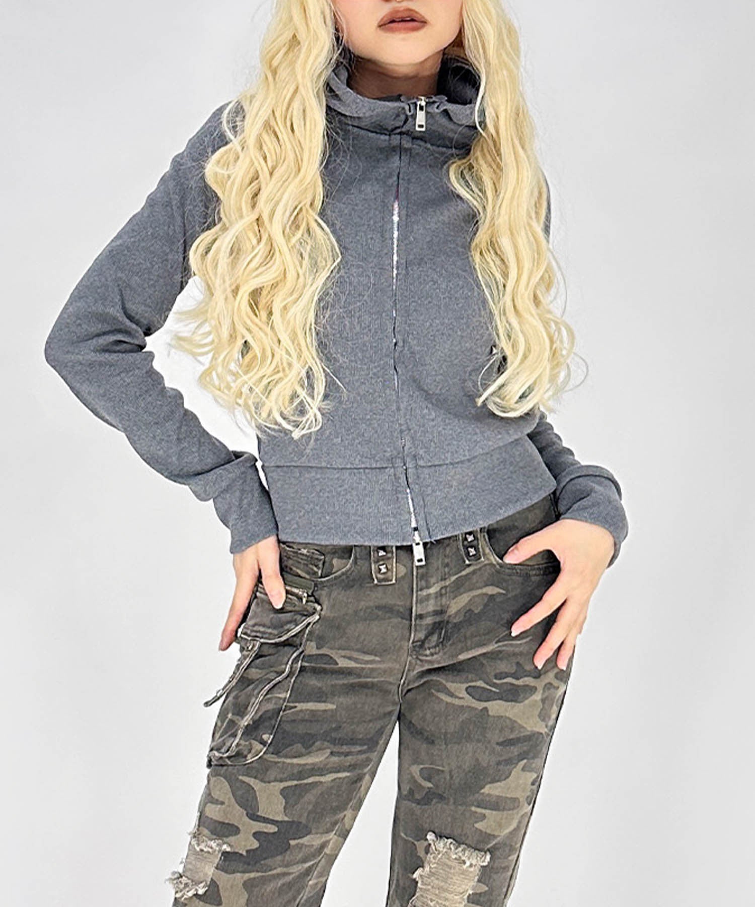 スタッズリブフードパーカー