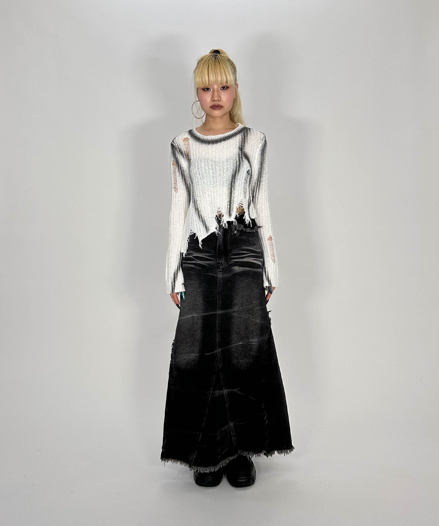フリンジデニムロングスカート