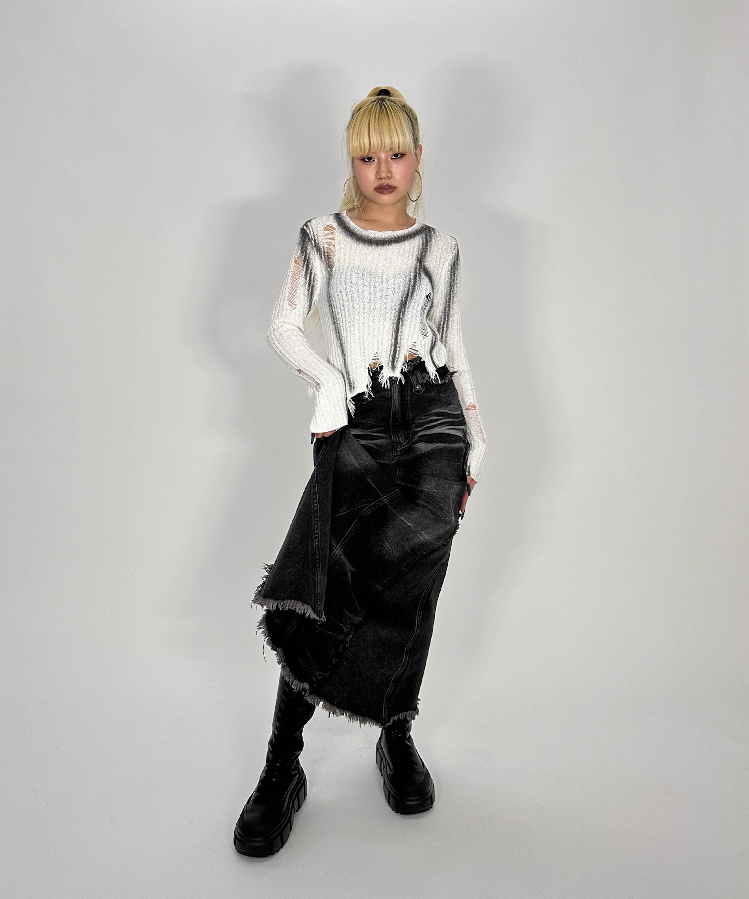 フリンジデニムロングスカート