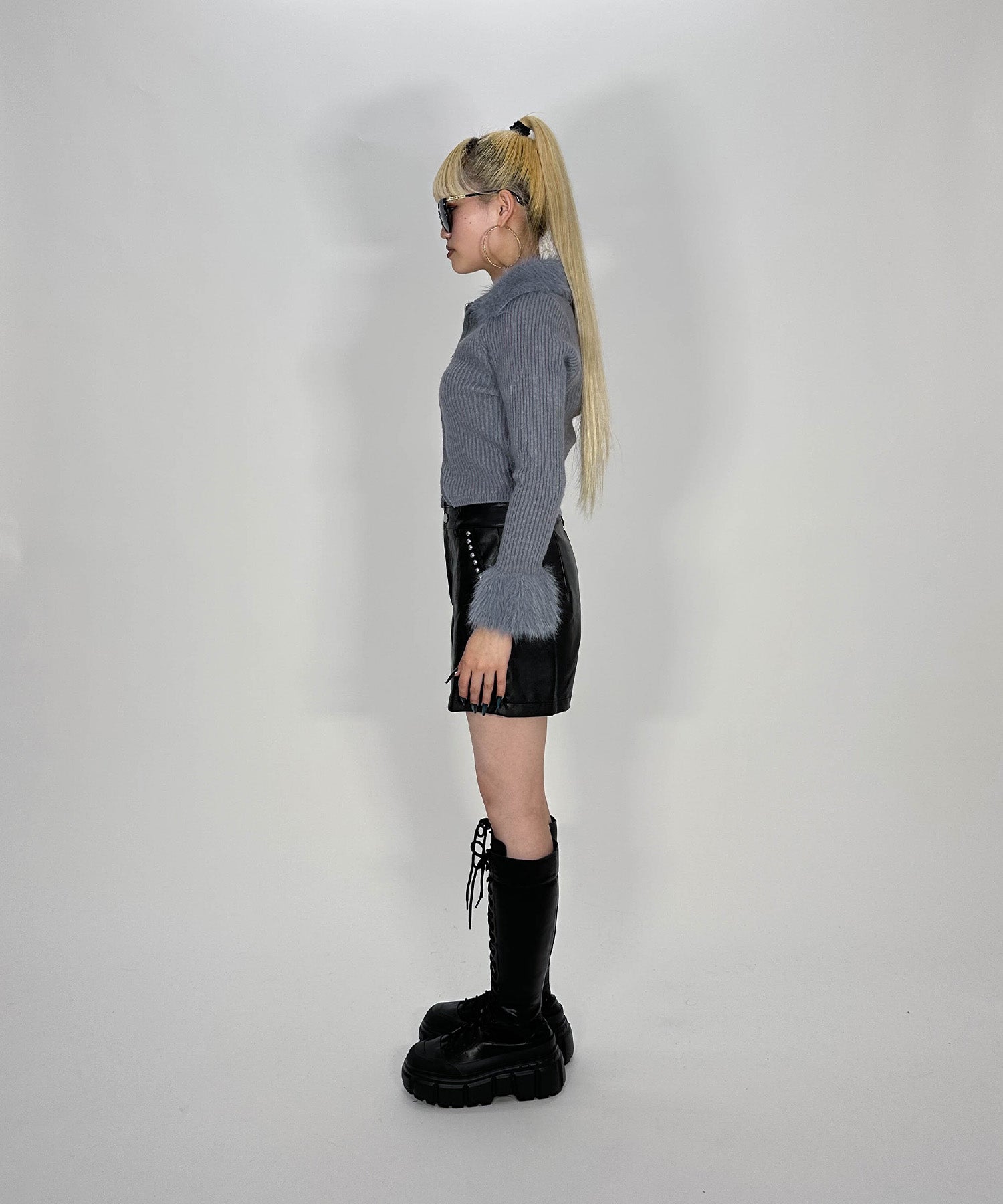 ファー付きダブルジップニット