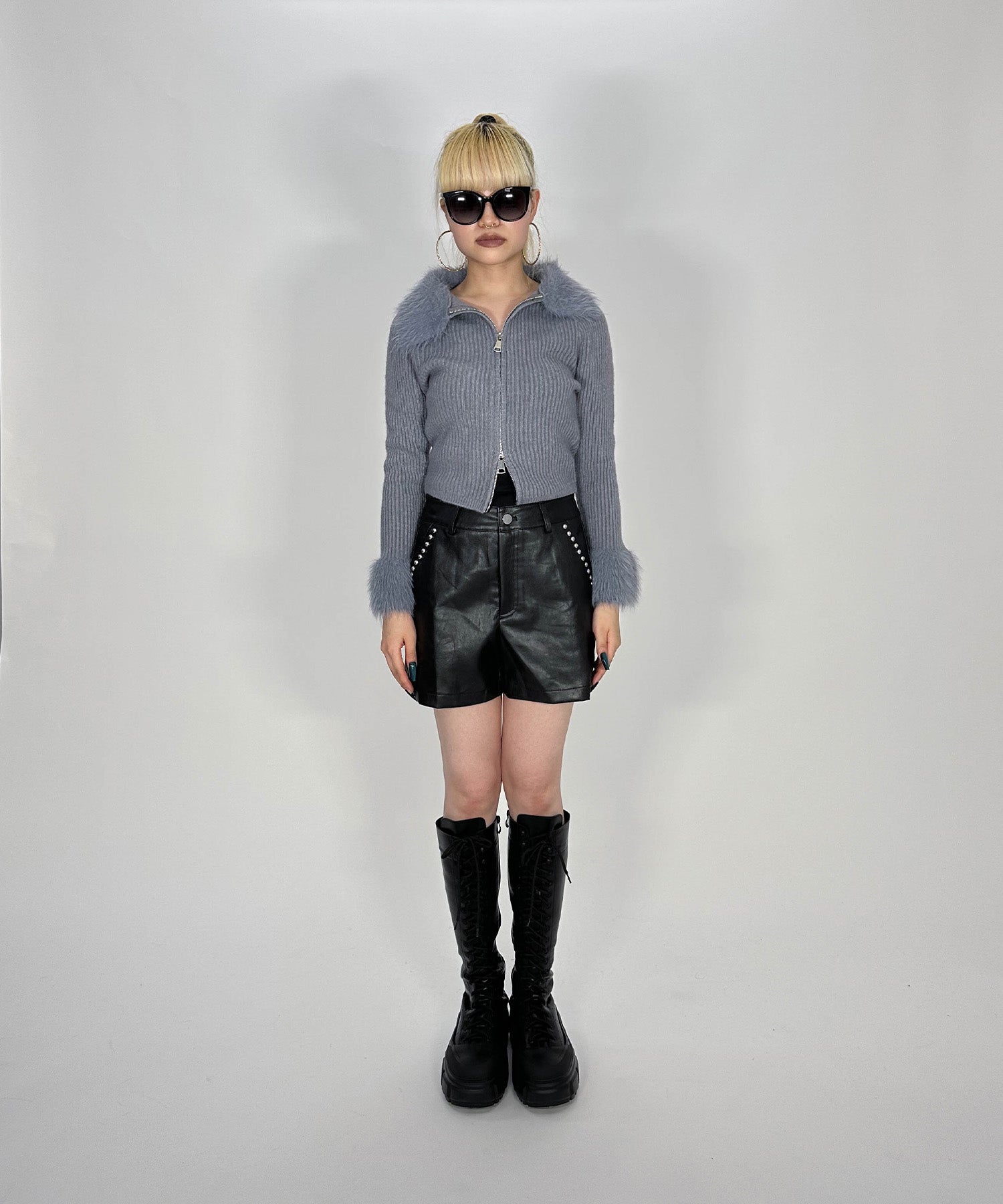 ファー付きダブルジップニット