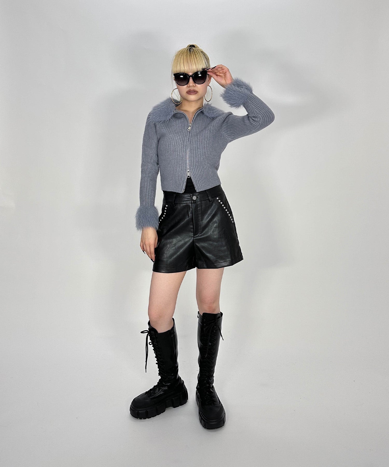 ファー付きダブルジップニット