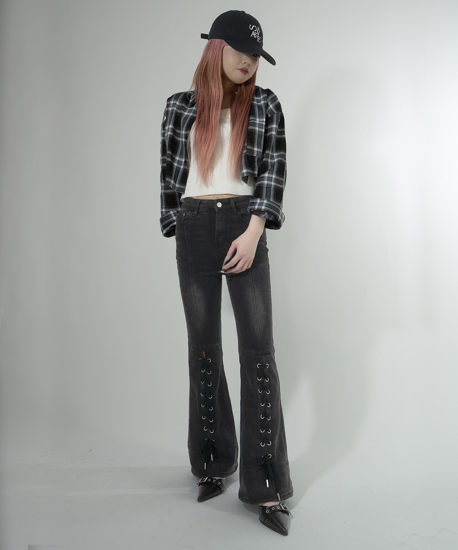 レースアップストレッチフレアパンツ