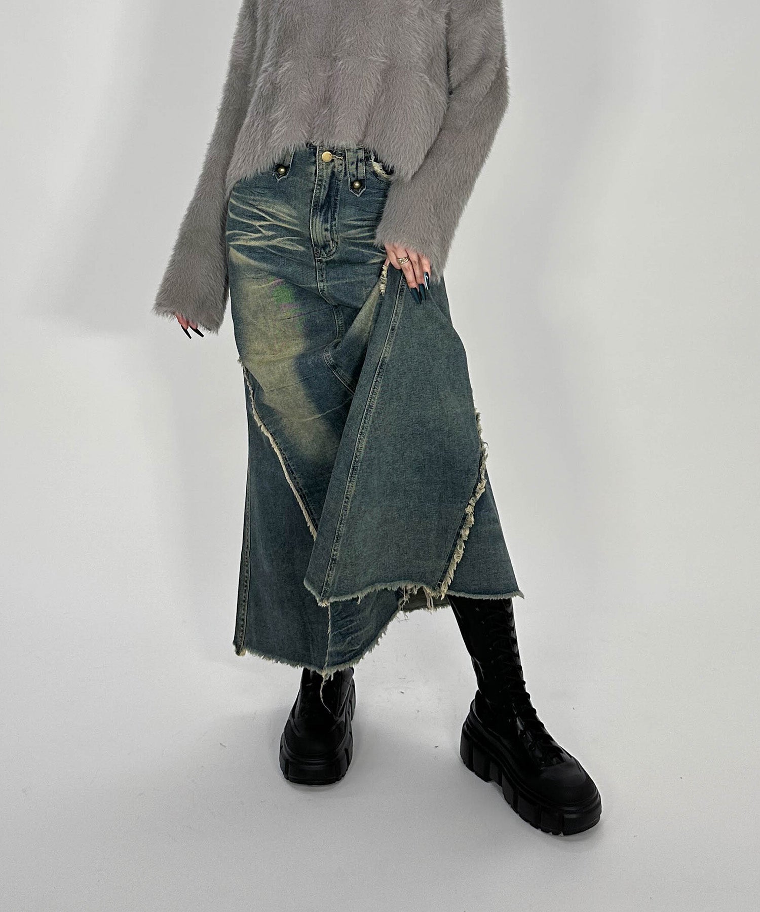 フリンジデニムロングスカート