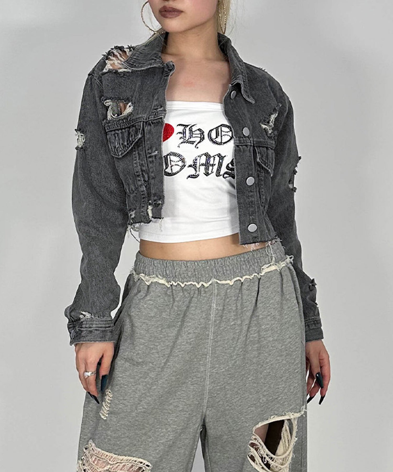 クロップドダメージデニムジャケット