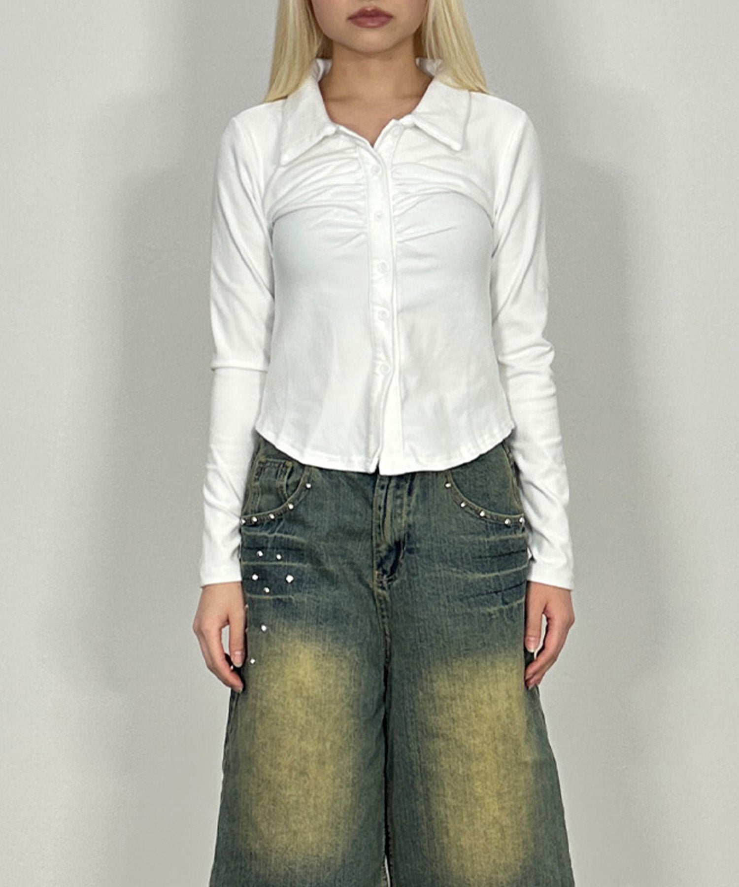 ボタンシャーリングシャツデザイントップス