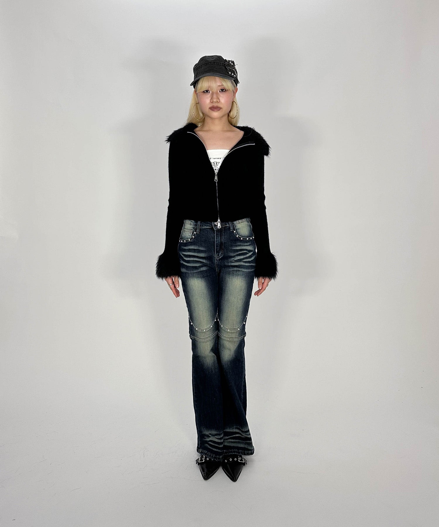 ファー付きダブルジップニット