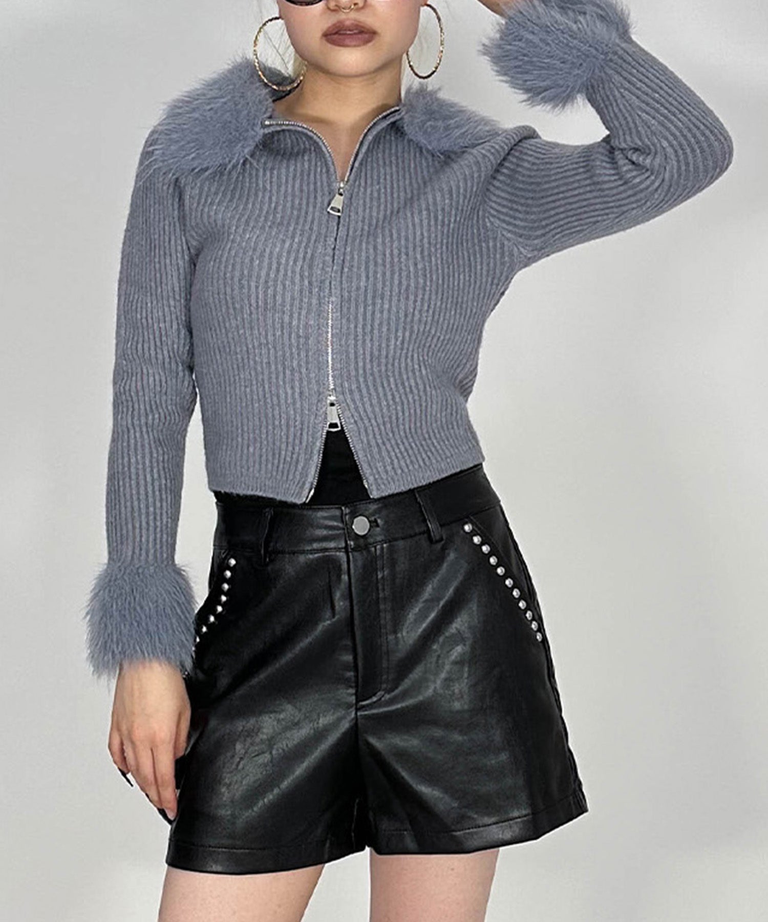 ファー付きダブルジップニット