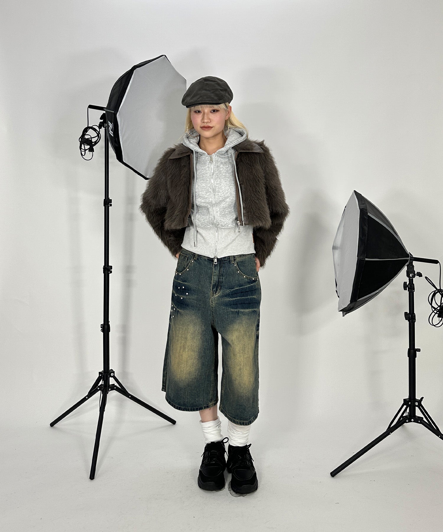 スタッズバミューダデニムパンツ