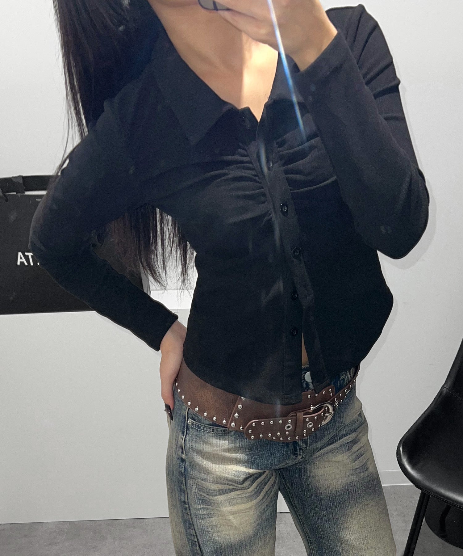 ボタンシャーリングシャツデザイントップス